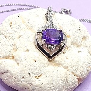 Natural Amethyst 8x6mm & Cz 925 Sterling Silver Necklace‎ 18in